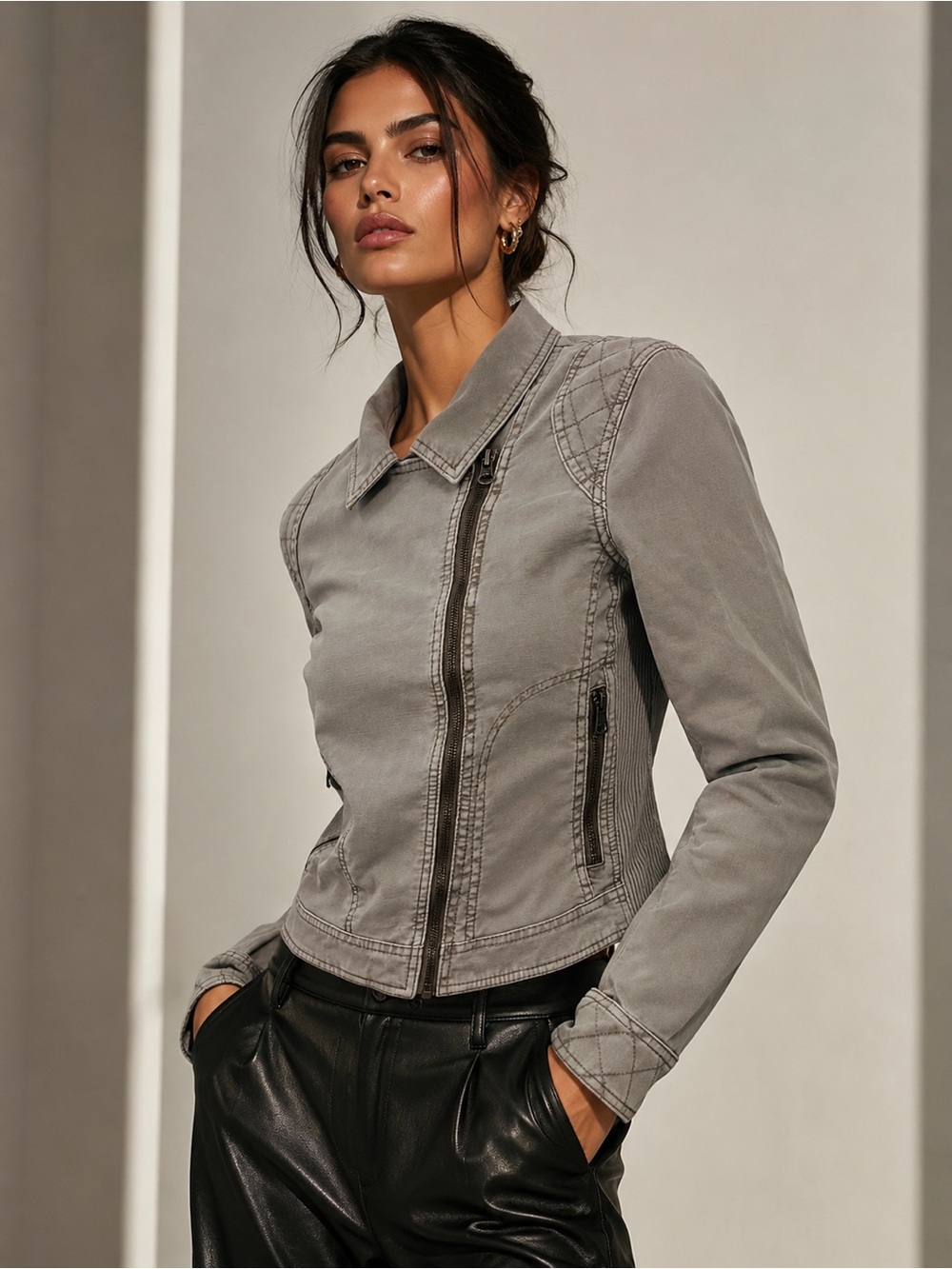 Anthropologie Gray Moto Jacket Quilted Zip Stretch XS Vintage Style